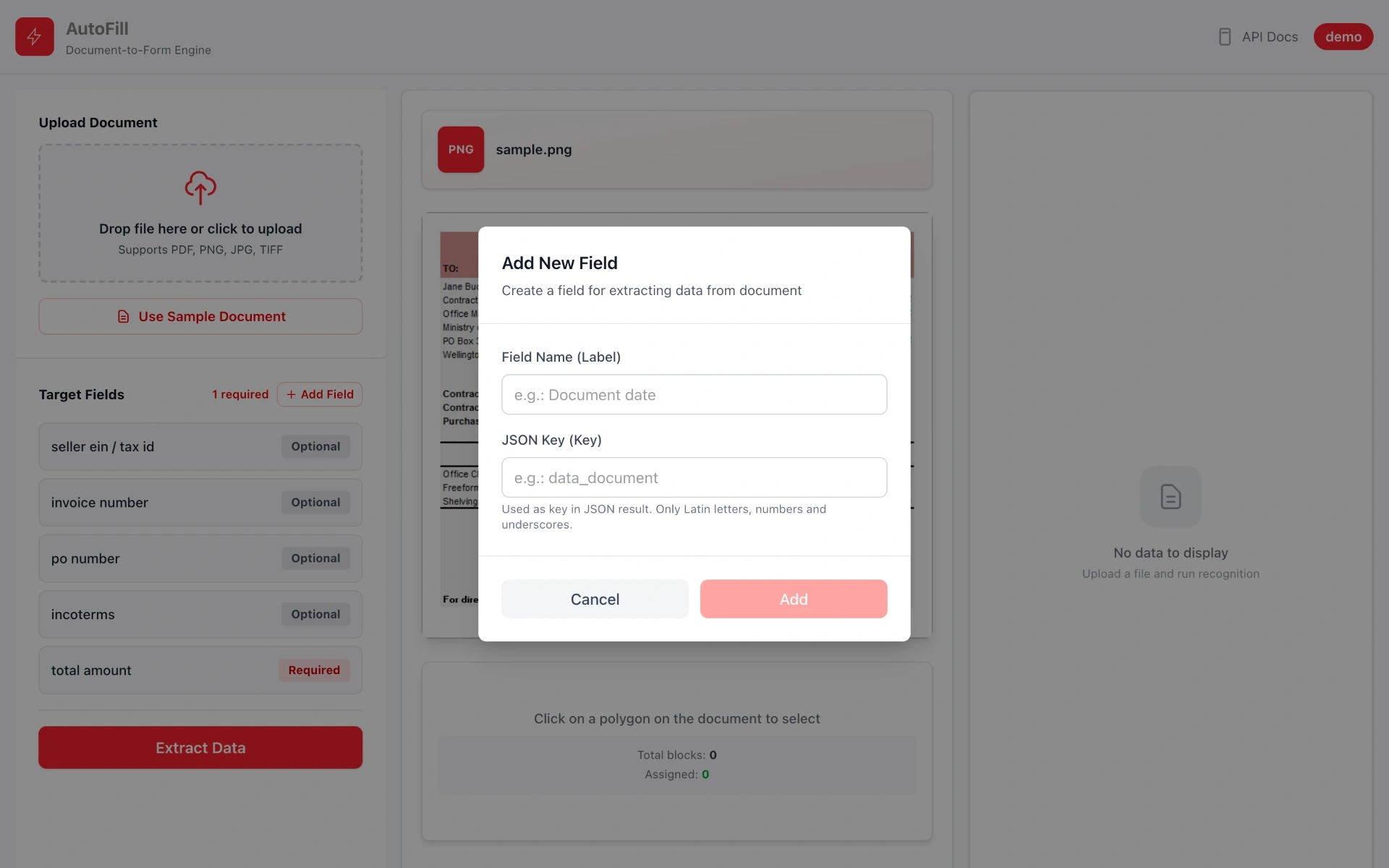 AutoFill interface showing document upload, target fields, and field extraction dialog